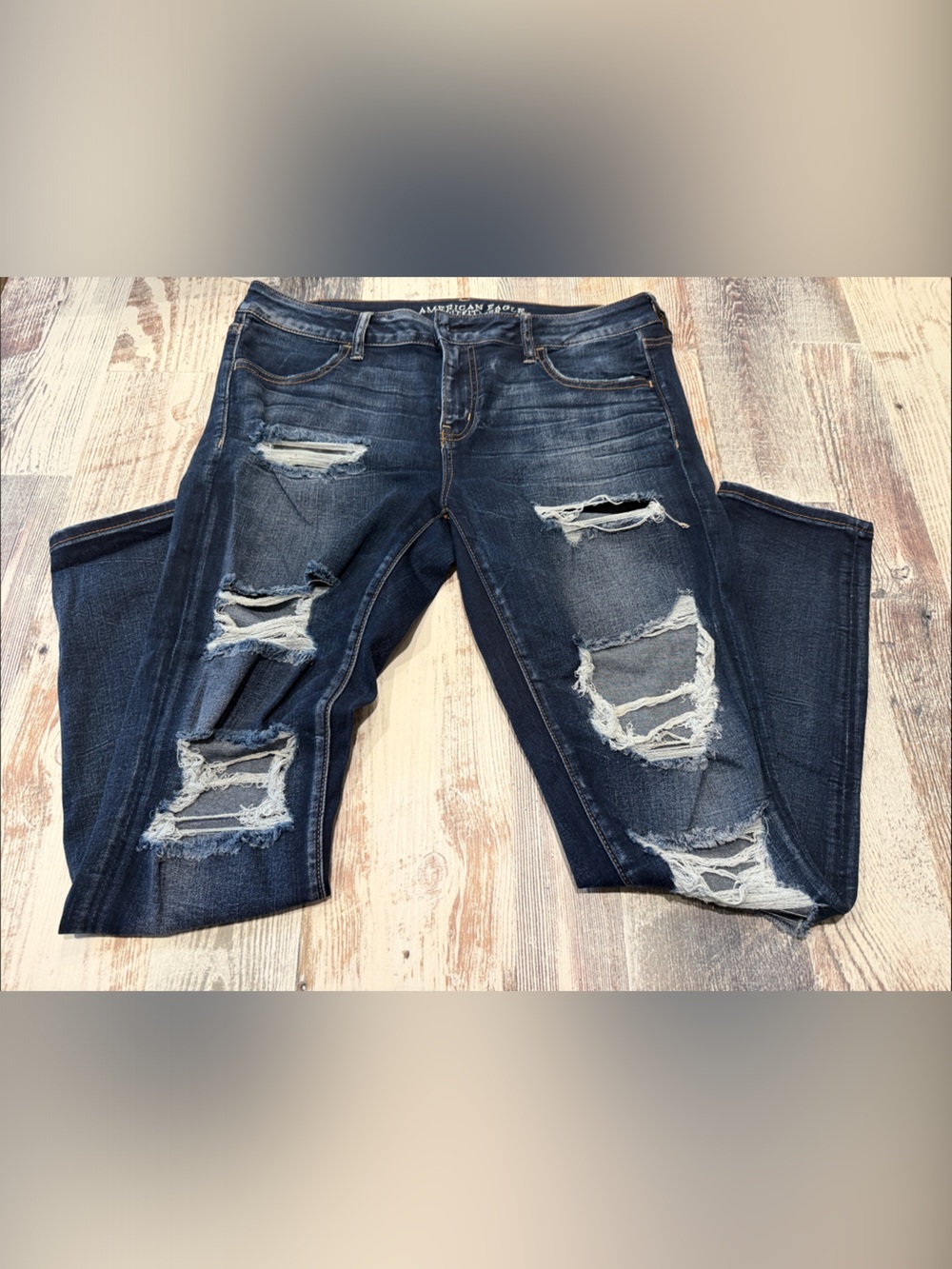 American Eagle Outfitters Dark Blue Distressed Straight Leg Jeans